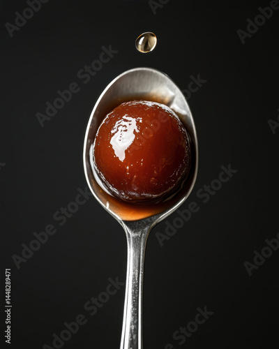 Gulab Jamun Served on a Spoon With Syrup Droplet in Low Light Setting