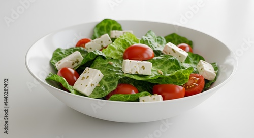 Fresh green salad with cherry tomatoes and feta cheese in a white bowl, on a white background.