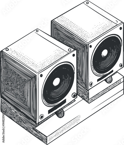 Black and white detailed illustration of two vintage audio speakers on a base, ideal for music and sound system concepts