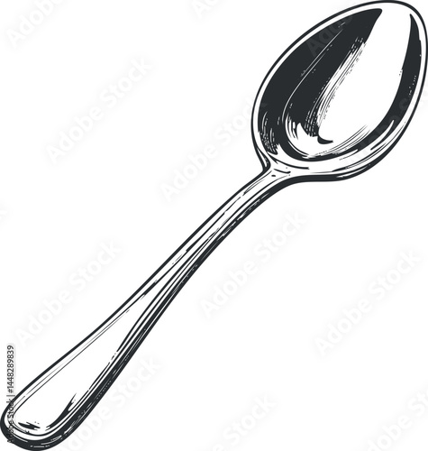 Detailed black and white illustration of a spoon isolated on white background for kitchen and dining use