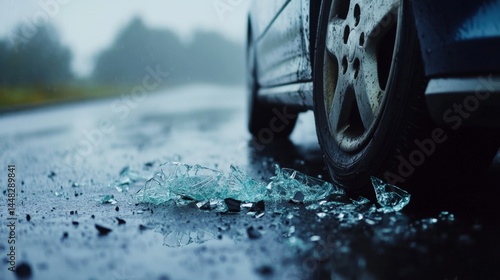 Close-up of a damaged car bumper with shattered glass on a wet road, depicting a car accident scene. Concept of vehicle collision, road safety, and emergency situations