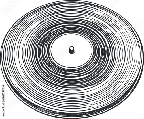 Black and white illustration of a vinyl record with detailed grooves for music playback