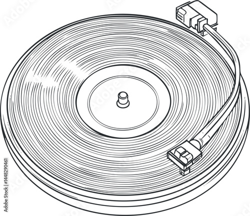 Black and white line art illustration of a vinyl record on a turntable with a tonearm and needle for playing music.