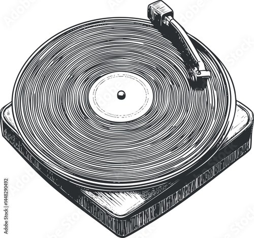 Black and white illustration of a vintage vinyl record player turntable with tonearm and grooves
