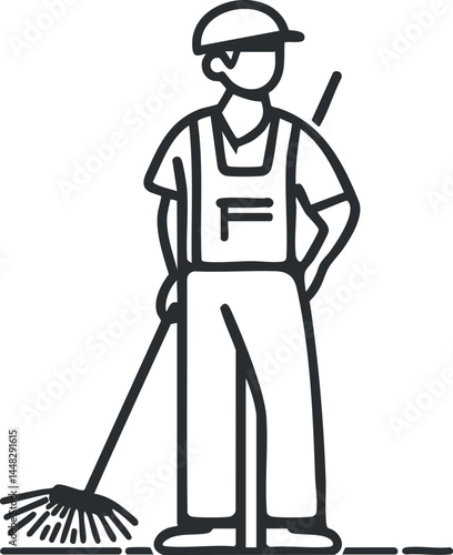 Line art icon of a gardener or worker standing and holding a rake for outdoor yard cleaning