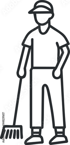 Outline icon of a person wearing a hat and boots holding a rake, representing gardening or yard work