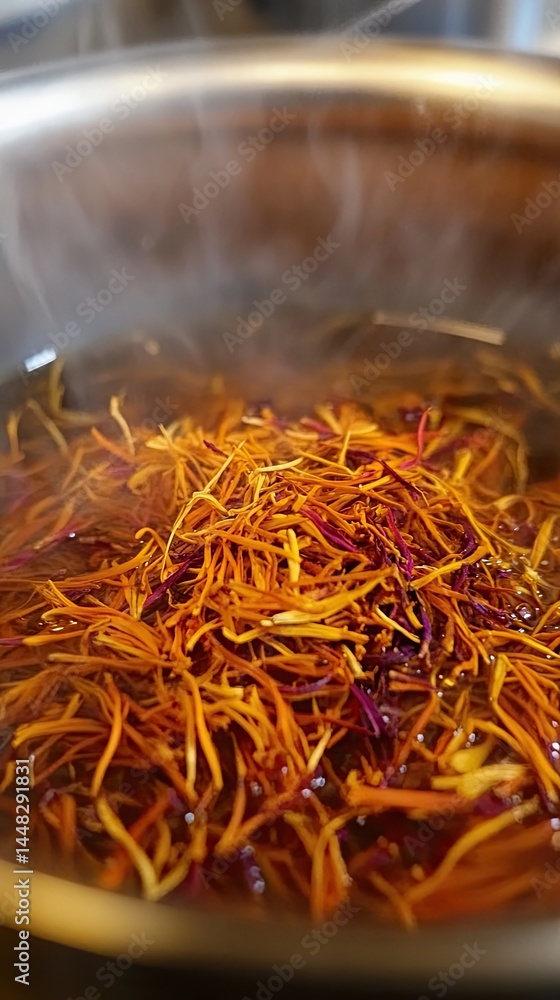 Fototapeta premium Close up of colorful vegetable fibers in cooking liquid.