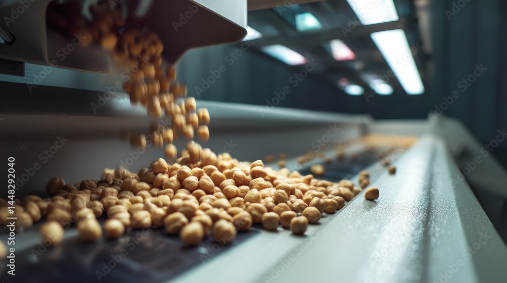 Food Production Line Roasted Nuts Moving on Conveyor Belt Food Production Line Roasted Nuts Moving on Conveyor Belt