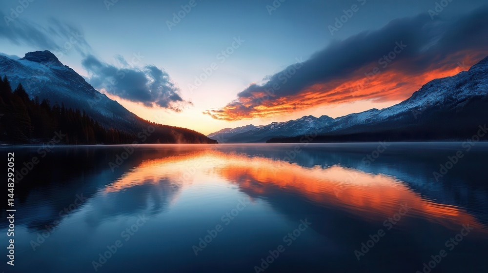 Fiery sunrise clouds hovering over a breathtaking blue lake, majestic light reflecting on the rippling water