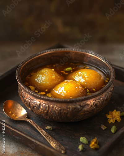 Delicious Traditional Indian Dessert Served in a Decorative Bowl Filled With Syrup