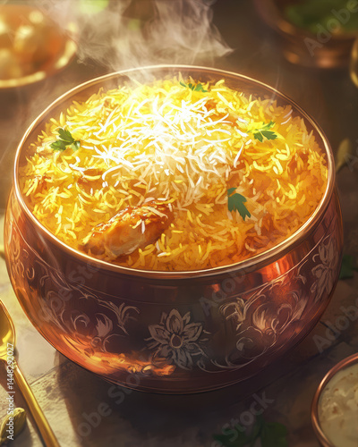 Traditional Hyderabadi Biryani Served in a Decorative Pot With Steam Rising