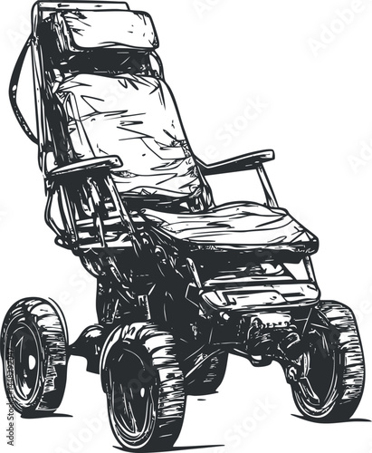 Black and white sketch of a modern wheelchair with large wheels and cushioned seat for mobility assistance