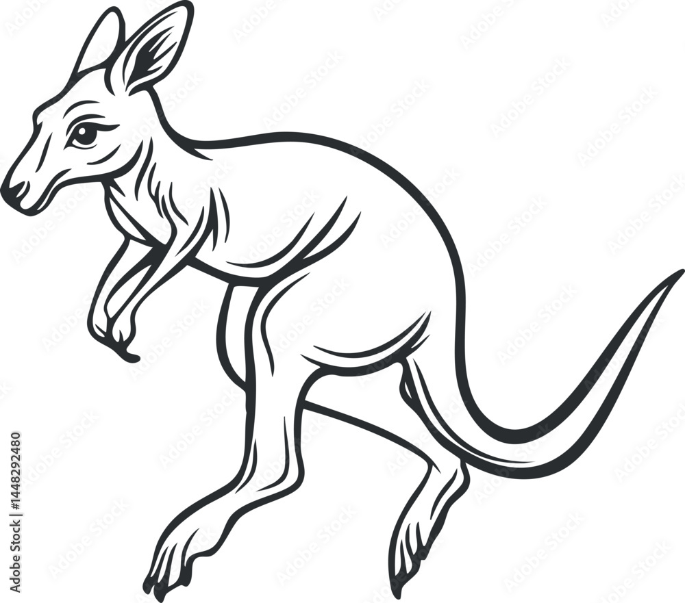 Black and white line art illustration of a kangaroo in profile, showing its characteristic long tail and large ears. Black and white line art illustration of a kangaroo in profile, showing its characteristic long tail and large ears.