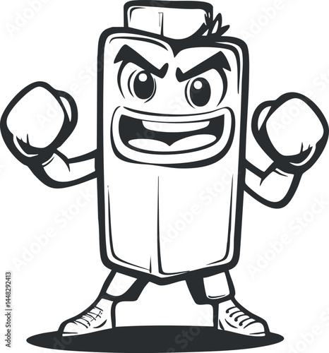 Cartoon battery character wearing boxing gloves in a fighting stance showing strength and energy