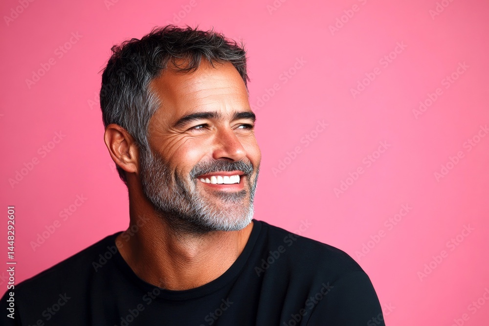 Pink solid background. A middle-aged man looking happy and relaxed. Creative of style for aging men. Trendy men's side part haircut - midlife white man with hair.