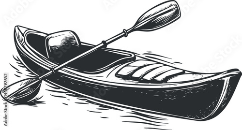 Hand drawn black and white illustration of a canoe with a paddle floating on water for outdoor adventure