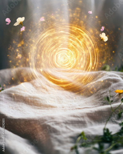 Floating Orb of Light Illuminates a Fabric Draped Over Nature During a Tranquil Moment