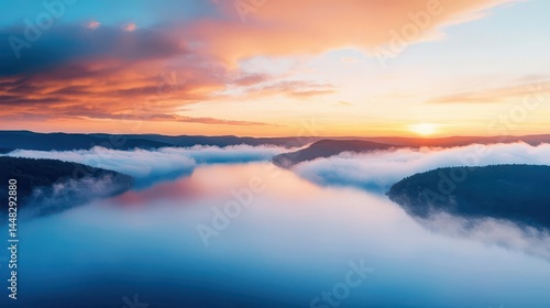 Layers of mist rolling over a breathtaking lake at sunrise, majestic clouds glowing with warm hues