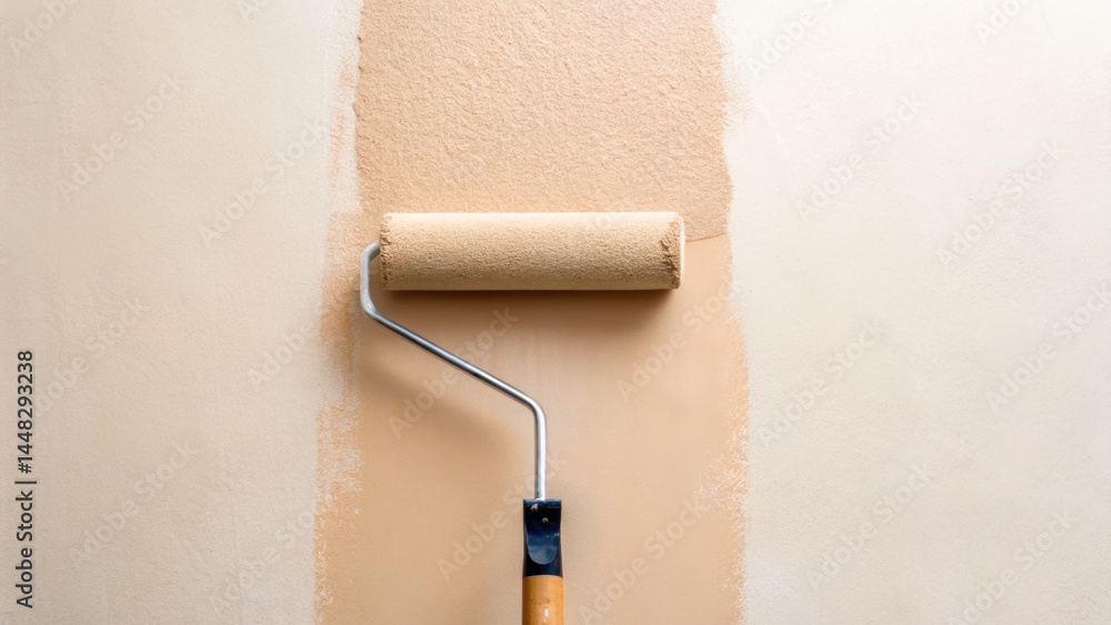 Obraz premium Beige paint roller applying fresh paint on wall, showing smooth texture and even coverage in home renovation project. roller is partially covered with paint