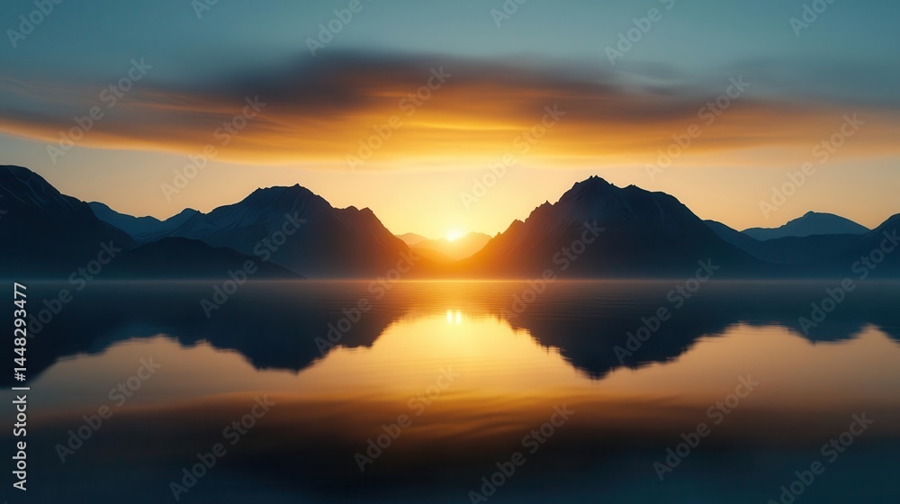 Sun rising behind misty mountains, breathtaking lake glowing beneath majestic golden clouds Sun rising behind misty mountains, breathtaking lake glowing beneath majestic golden clouds