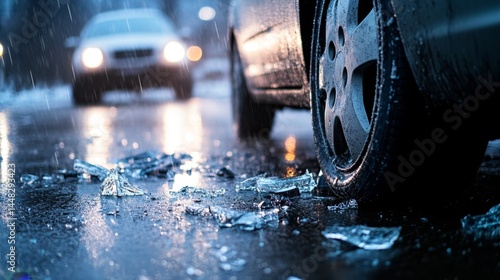 Close-up of a damaged car bumper with shattered glass on a wet road, depicting a car accident scene. Concept of vehicle collision, road safety, and emergency situations