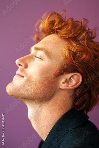 Purple solid background. A soft and natural man with a glowing expression. Elegant men's side part haircut - midlife white man with red hair. Creative of style for aging men.