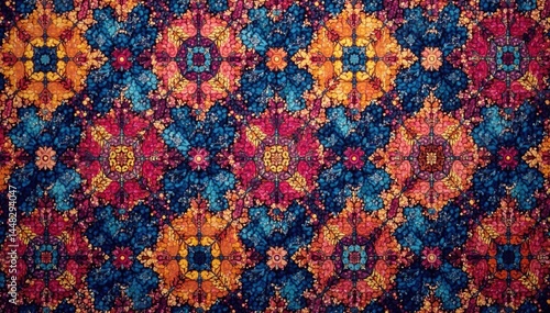 Geometric tapestry pattern, rich color palette, seamless repeat, angles, dark