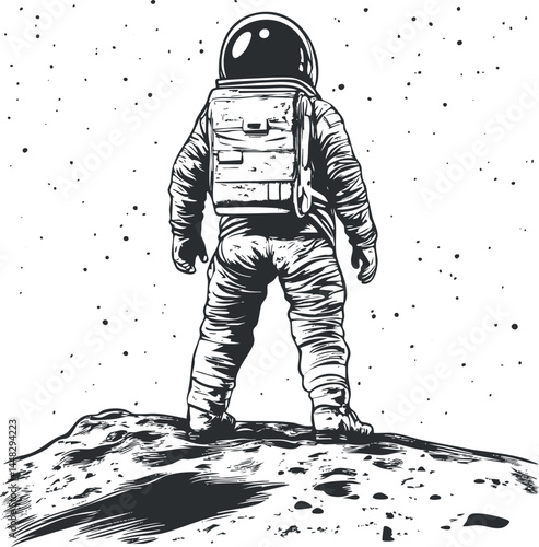 Black and white illustration of an astronaut standing on a moonlike surface looking at stars in space