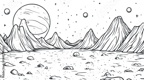 Black and white line art illustration of an alien mountainous landscape with planets and stars in outer space