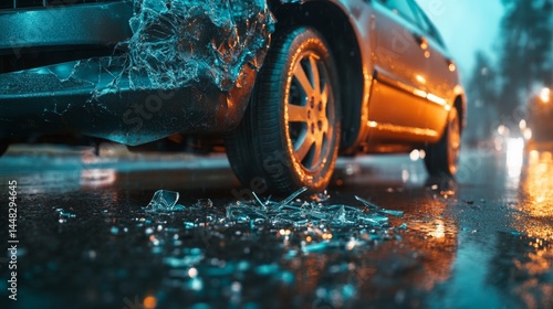Close-up of a damaged car bumper with shattered glass on a wet road, depicting a car accident scene. Concept of vehicle collision, road safety, and emergency situations