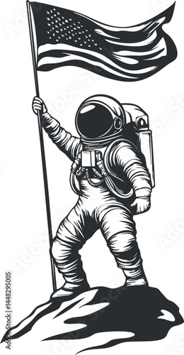 Black and white illustration of an astronaut standing on a rocky surface holding a flag representing space exploration and achievement