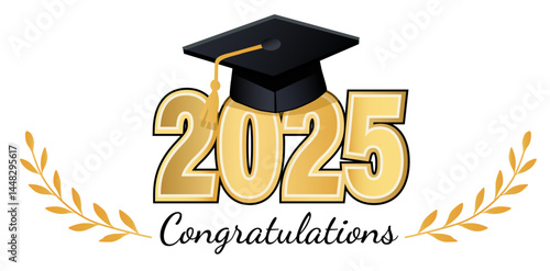 Editable Vector “2025 Congratulations” Graduation Design with Cap, Laurel Leaves, and Transparent Background