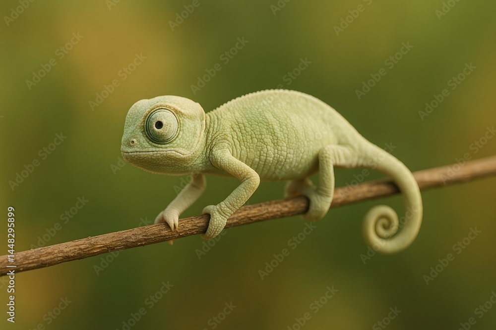 Fototapeta premium Baby chameleon crawling ion thin twig. Green lizard