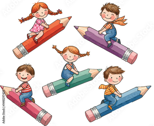 Children Riding Pencils Illustration, Kids Flying on Pencils Cartoon