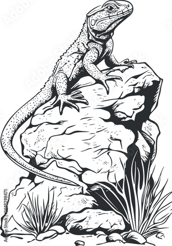Black and white illustration of a lizard climbing on a rocky surface surrounded by grass and stones
