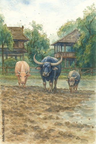 Watercolor painting of a herd of buffalo walking in a farm.