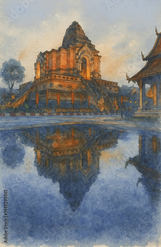 Watercolor painting of Chedi Luang Temple an ancient temple in Chiang Mai, Thailand.