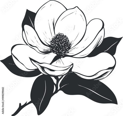 Black and white line art illustration of a blooming magnolia flower with leaves and stem