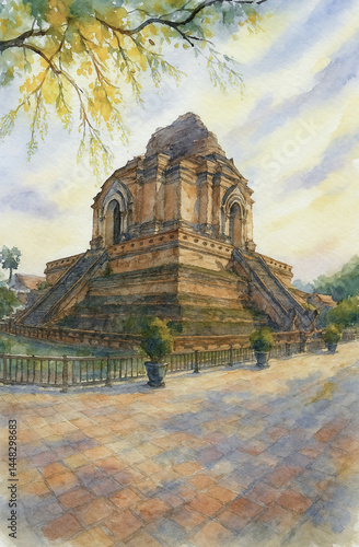 Watercolor painting of Chedi Luang Temple an ancient temple in Chiang Mai, Thailand.