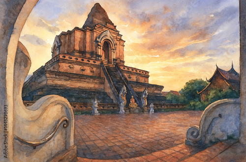Watercolor painting of Chedi Luang Temple an ancient temple in Chiang Mai, Thailand.