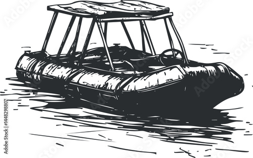 Hand-drawn sketch of a pontoon boat with canopy floating on water for outdoor recreation and leisure