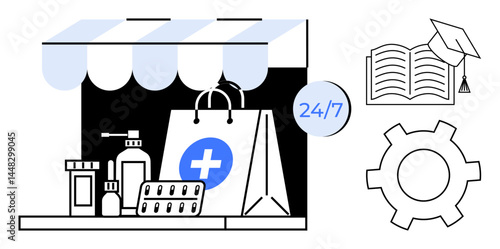 Pharmacy storefront with medication and first aid bag, clock indicating 247 service, book with graduation cap symbolizing learning, gear representing system integration. Ideal for healthcare