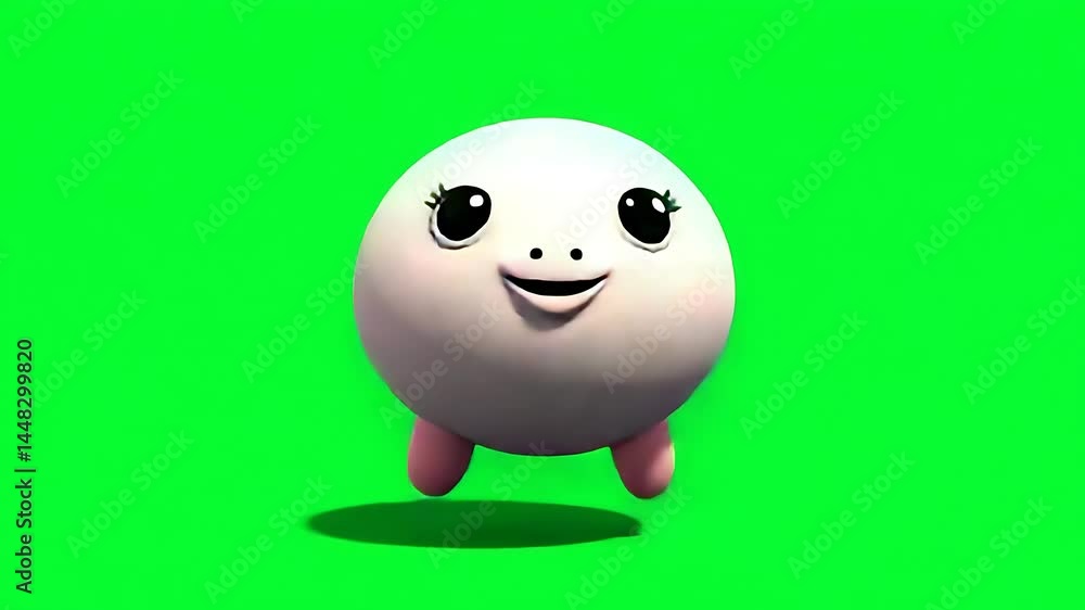 Cute, round, cartoon character floating in the air. A cheerful, light-colored, whimsical, 3D model of a creature with large eyes, a smile, and pink feet Cute, round, cartoon character floating in the air. A cheerful, light-colored, whimsical, 3D model of a creature with large eyes, a smile, and pink feet