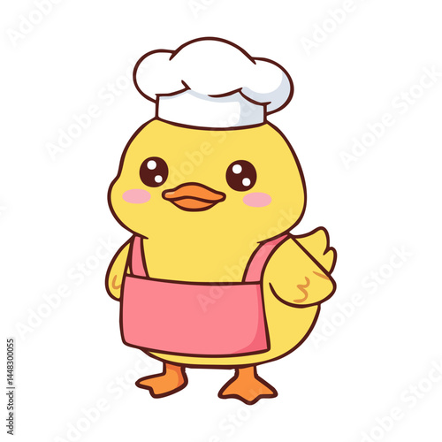 cute icon character yellow duck wearing a chefs hat and apron.