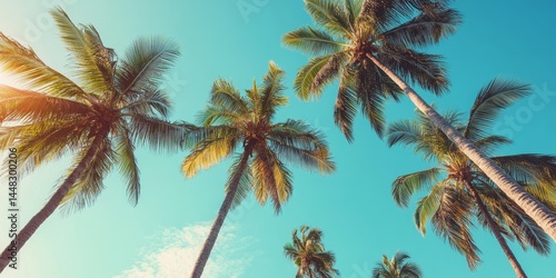 Palm trees under blue sky on a sunny day, suggesting relaxation and vacation atmosphere.