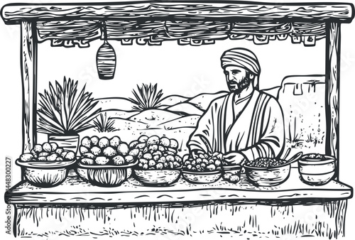 Traditional market vendor selling fruit and spices at a desert outdoor stall under a canopy