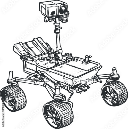 Black and white drawing of a Mars rover with four wheels and a camera for space exploration