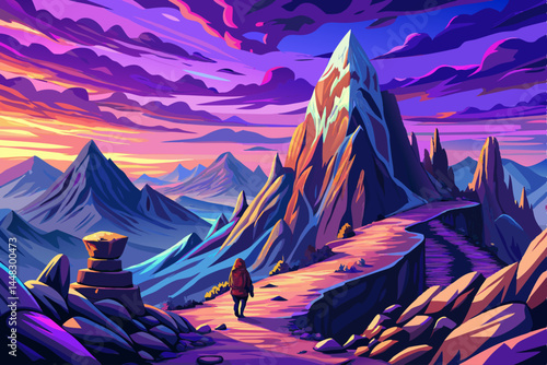 A scenic illustration of a lone tourist walking on a rugged mountain peak, overlooking vast landscapes while standing on a rocky path, symbolizing exploration, achievement, vector background