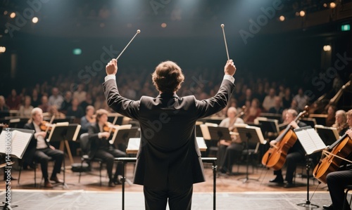 Conductor with Baton and Raised Hands