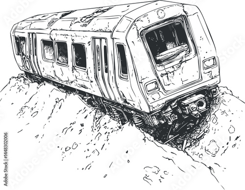 Black and white sketch of a derailed train car stuck on broken railway tracks in a disaster scene